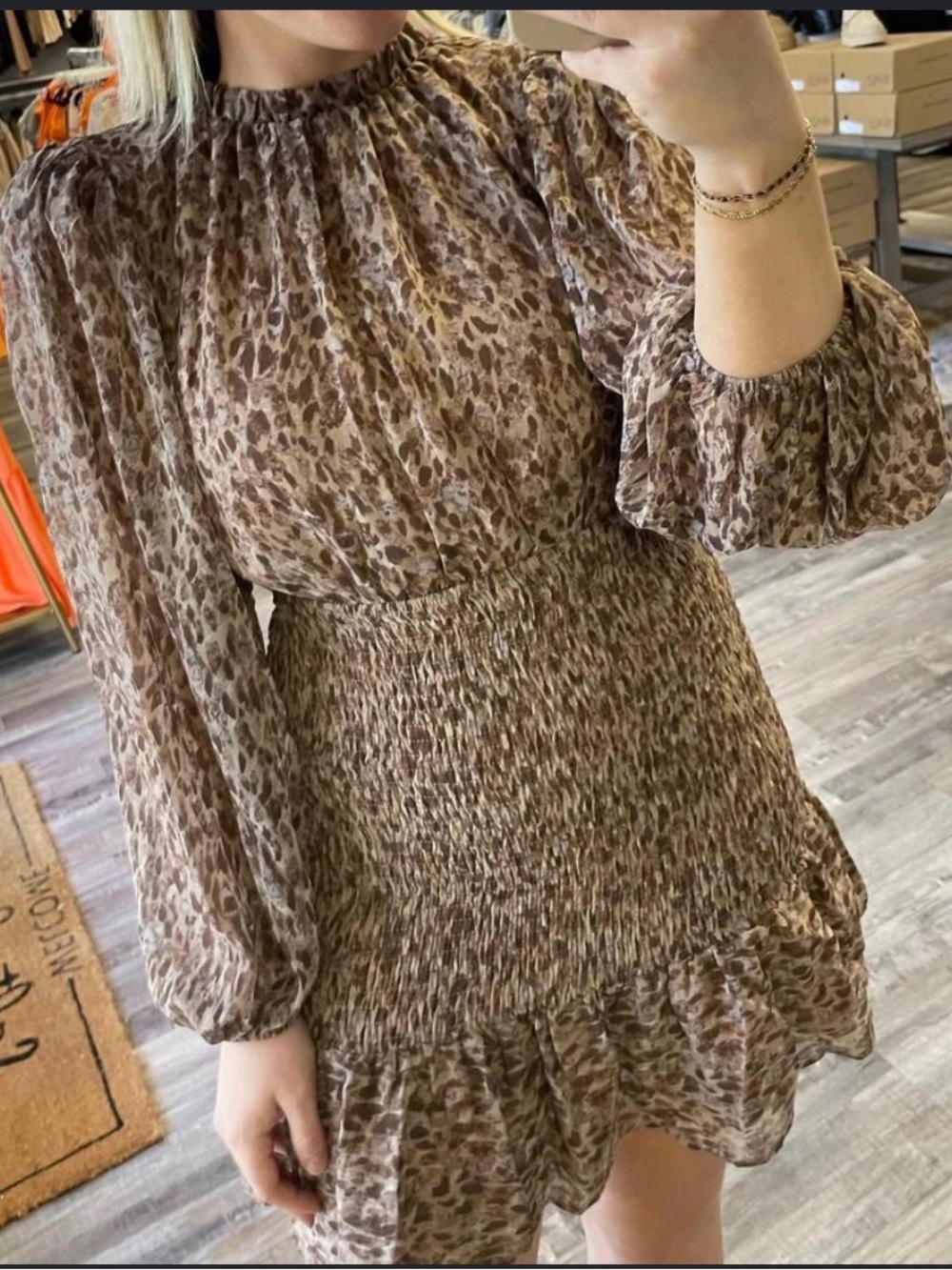 Olivaceous Brown Leopard-Print Long-Sleeve Smocked Mini Dress